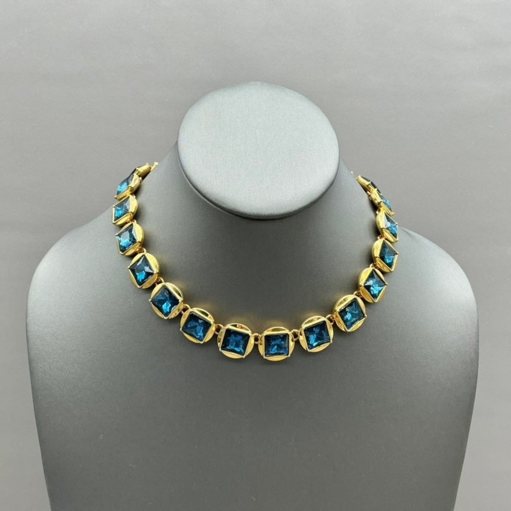 Ann Taylor Necklace Blue Crystal Square Gold Tone Statement Collar Toggle 15"